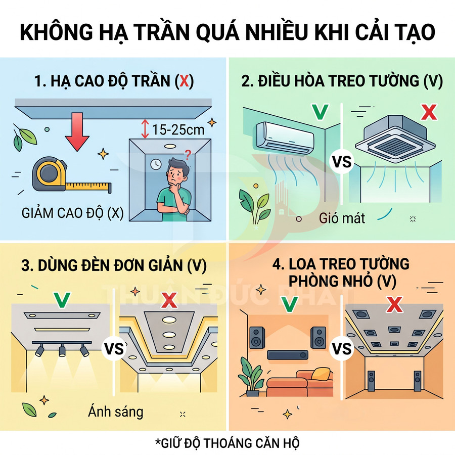 Minh họa mẹo cải tạo trần nhà với điều hòa treo tường, đèn trần đơn giản và loa treo tường cho phòng nhỏ